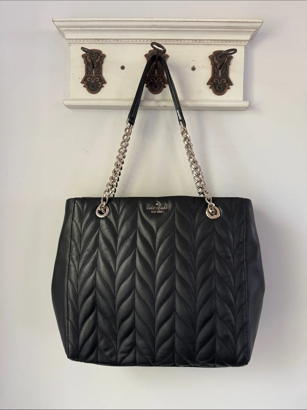 Kate Spade Black Cow Leather Quilted Tote Large Work Bag Laptop - Picture 2 of 13